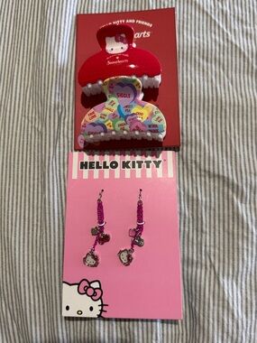 Hello Kitty Pink, Red and Multicolor Hair Clips with Pink Dangle Earrings